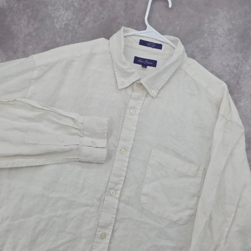 Alan Flusser Mens XXL Cream 100% Linen Long Sleeve Button Down Shirt Pocket